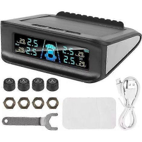 Système de surveillance de la pression des pneus sans fil à énergie solaire, écran LCD, alarmes de pression et de température des pneus en temps réel, chargement USB, compatible avec les automobiles. (1/5)