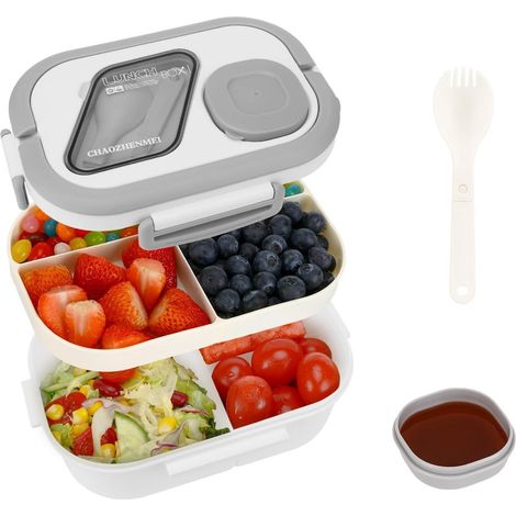Portapranzo - portapranzo per adulti - portapranzo per bambini - portapranzo con scomparti - doppio bento box da 1200 ml - portapranzo per alimenti - adatto al microonde (bianco) (1/5)