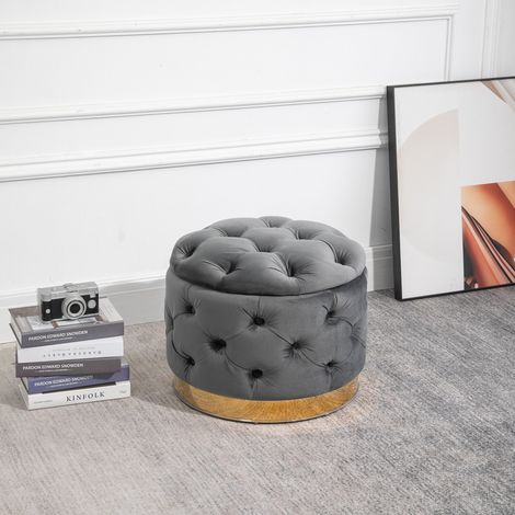 Pouf coffre vintage en velours gris charbon, assise rembourrée, base métal galvanisé, rangement intégré, 55 x 55 x 42 cm, pour salon et chambre - CHICFURN (1/5)