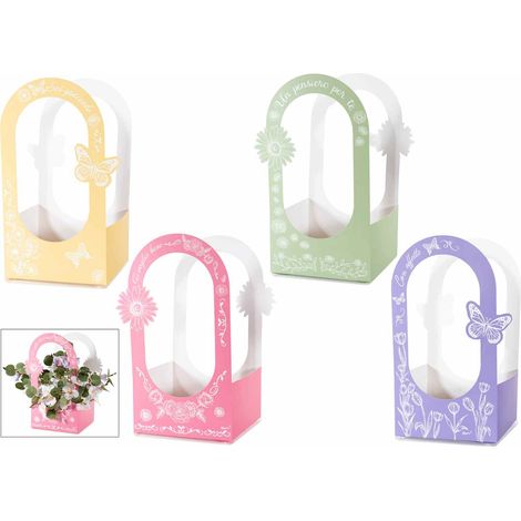 Cestini per fiori sagomati in carta colorata con manici, decoro farfalle e fiori e dedica, set da 40 pezzi, cm13x12,5x7H (con manici25)