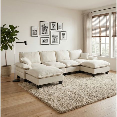Sofá esquina modular 6 plazas con otomanos móviles, diseño velero, en felpa beige (1/5)