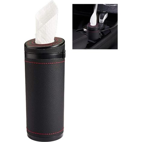 Porta fazzoletti rotondo in pelle per auto. Dispenser cilindrico di fazzoletti con porta fazzoletti e divisorio. 6,9 x 6,9 x 17,5 cm per auto e bagno. (1/5)