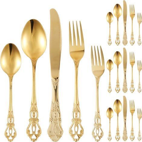 20-piece gold and silver cutlery set, vintage royal style stainless steel cutlery set, for 4 people, luxurious gold cutlery set includes forks, spoons and knives, mirror polished, dishwasher safe. (1/4)