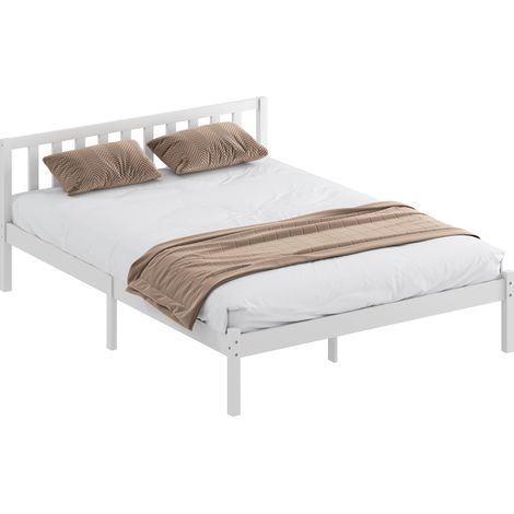 Cadre lit bois massif 140x190 cm simple tête sommier lattes enfants adultes, lit en bois polyvalent