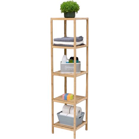 Étagère de colonne de salle de bain 5 étagères en bois bambou organisateur de placard 32x33x141cm (1/5)