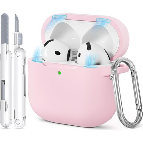 1 Coque pour AirPods 4, Silicone, Fermeture Magnétique, Charge Sans Fil, Kit Nettoyage, Mousqueton, Rose