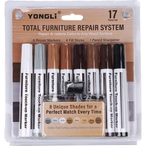 Kit de réparation de meubles Marqueurs Bois Lot de 13 marqueurs et bâtonnets de cire avec aiguiseur pour taches, rayures, sols, tables, bureau, menuisiers, retouches et réparations de moulage