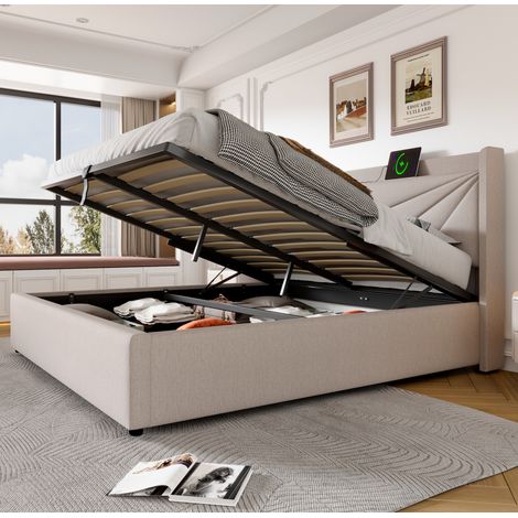 Lit double moderne en lin beige 180x200 cm avec tête de lit géométrique, USB/Type-C, coffre de rangement et sommier à lattes