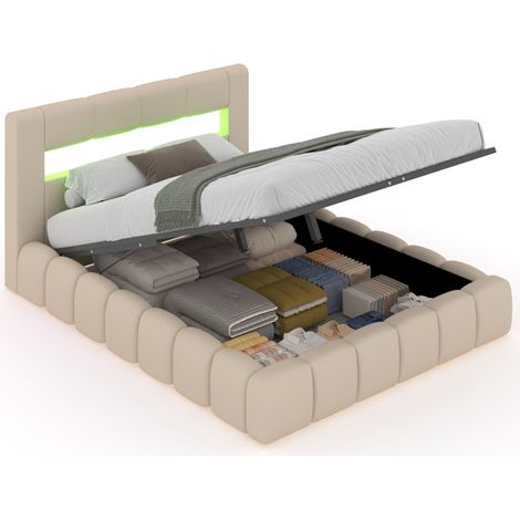 Lit coffre led style nuage 180x200cm en velours beige avec tête de lit et sommier OMAHA