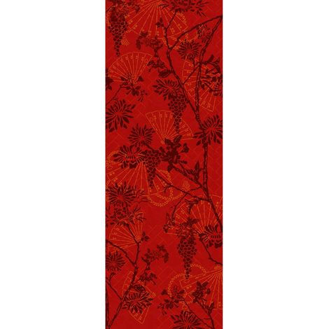 Papier peint panoramique japonais rouge | Tapisserie panoramique rouge fleurie motif éventail couloir | Papier peint panoramique floral chambre adulte - 280 x 100 cm (1 pièce) (1/2)