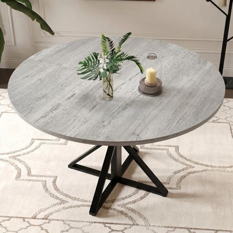 Table à manger ronde 120 cm – Plateau bois robuste, pieds métal croisé – Style industriel moderne – 4 à 6 personnes – Capacité 90 kg – Gris (1/5)