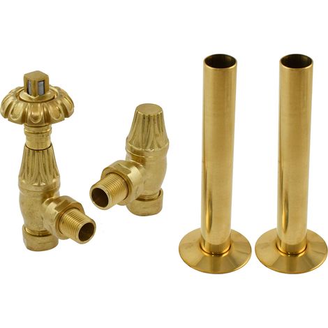 Thermostatic TRV Traditional Radiator Angled Valves Pipes Collars Polished Brass (1/5)
