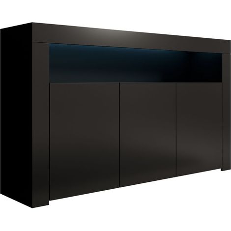 Buffet de salon bas 3 portes avec LED bleue 155x91,5x37cm Meuble de rangement Modèle AKER Couleur Noir Finition mate (1/4)