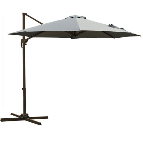 Ombrellone ottagonale a sbalzo, inclinabile, girevole a 360°, con base a croce, 8 stecche, manovella inclusa, struttura in alluminio, acciaio, Ø 3 x 2,5 m, grigio scuro