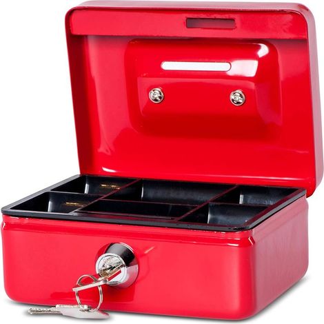 Caja de seguridad metálica portátil y con cerradura, de 12,5 x 9,5 x 6 cm, con ranura para monedas. Ideal como hucha, caja fuerte pequeña o cajón para dinero. Color rojo. (1/5)