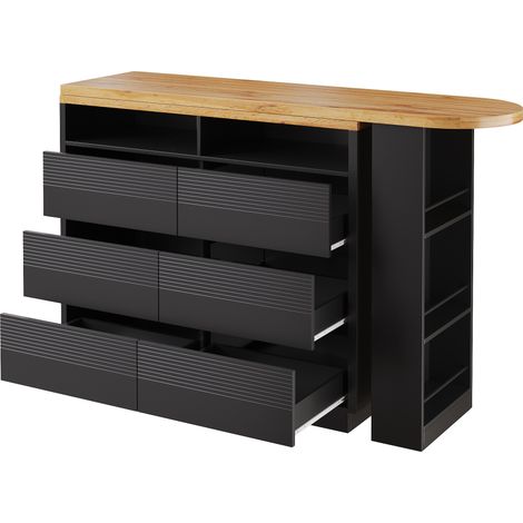 Table de bar extensible avec rangement, plateau en MDF, 137-215×39×102.3 cm, roulettes et 6 tiroirs, table haute multifonction pour séjour et cuisine (1/5)