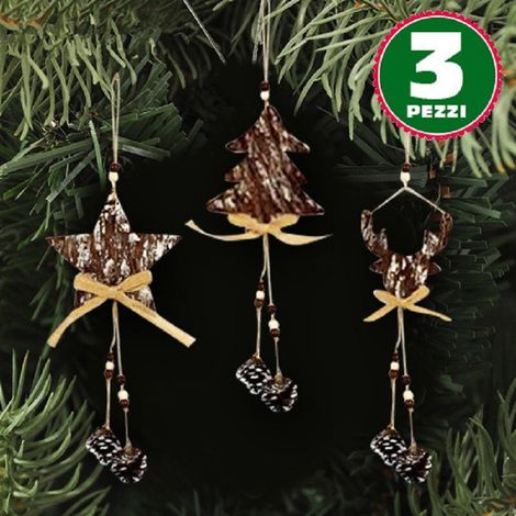 TRADE SHOP - 3 Appendini Natale Corteccia Legno Con Pigne Fiocco Stella Albero Alce - (1/3)