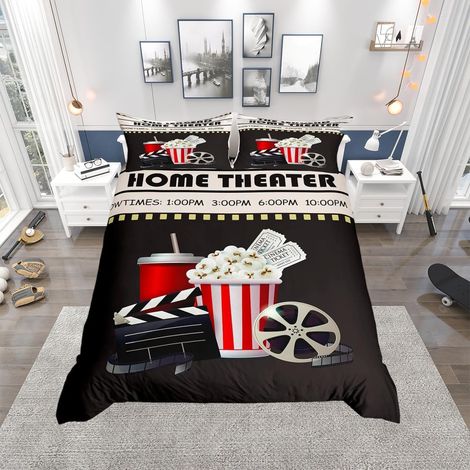Parure de lit avec housse de couette et 2 taies d'oreiller sur le thème du cinéma vintage - Motif billet de cinéma - Décoration d'intérieur - Pour lit double (1/4)