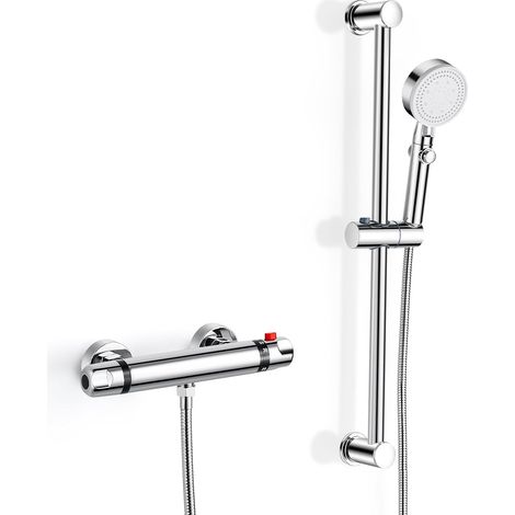 Thermostat-Duscharmatur, Duschset mit wandmontierter Thermostatarmatur, 635 mm verstellbarer Brausestange, 5-Düsen-Handbrause, 1,5 m Schlauch, G 1/2", Chrom