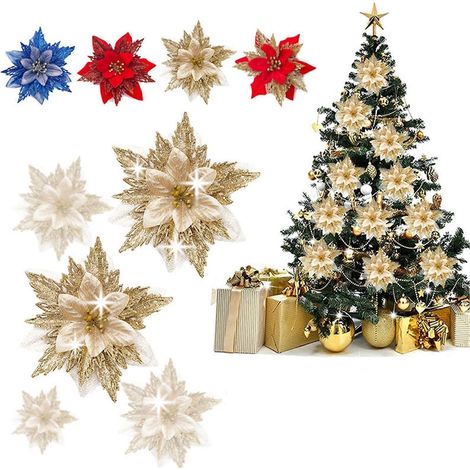 Fleur de Noël artificielle, couleur vive, aspect réaliste, surface brillante, décoration de Noël, bord pointu décoratif ajouré (1/3)