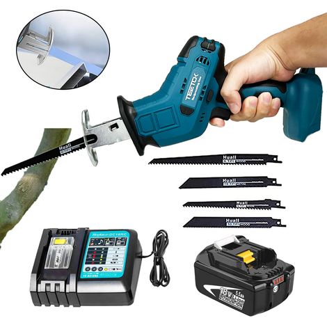 Scies alternatives, scie sabre d'élagage électrique sans fil, pour jardin, métal, bois, tuyaux en PVC, coupe d'arbre + 4 lames + batterie 5,5 A + chargeur DC18RC, compatible avec batterie Makita 18 V