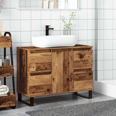 Meuble Salle de Bain en Bois 80x33x60 cm, Vasque avec Rangements, Style Vintage Rustique, Armoire de Toilette Compacte pour Petit Espace (1/5)