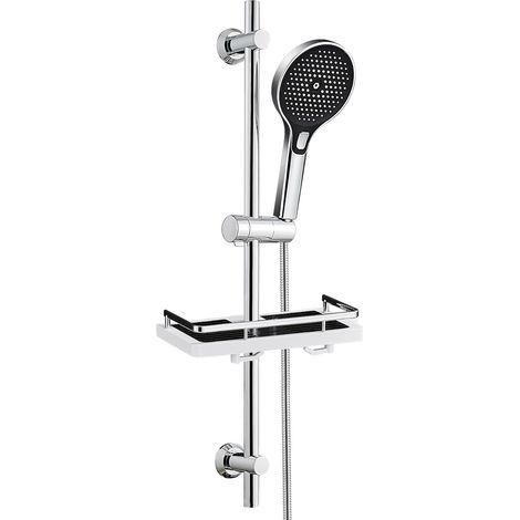 Barre de douche en acier inoxydable 70 cm avec tuyau et support, colonne de douche avec douchette 3 jets et Étagère sans Perçage, fixation murale réglable adapté aux trous existants, chromé (1/5)