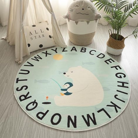 Tapis de jeu rond antidérapant pour chambre d'enfant, salle de jeux - Motif ours polaire et pingouin - Lavable - Résistant aux taches - 80 cm - Bleu lac (1/5)