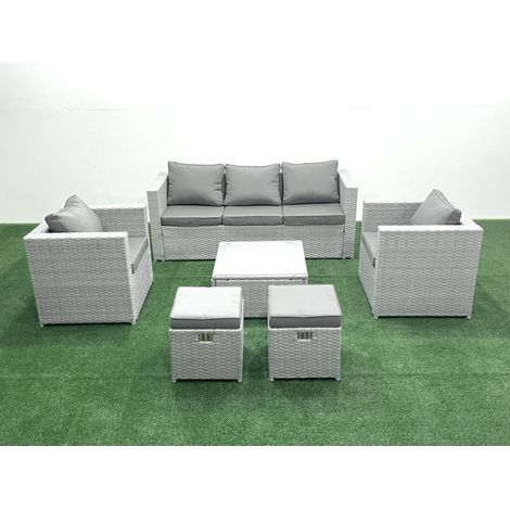 Fimous 7 Seater Rattan Garden Furniture Set with 3 Seater Sofa 2 Chair Square Coffee Table 2 Small Footstools Light Grey Mixed (1/5)