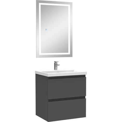 Ensemble meubles Salle de Bain 50cm simple vasque + miroir lumineux Anthracite