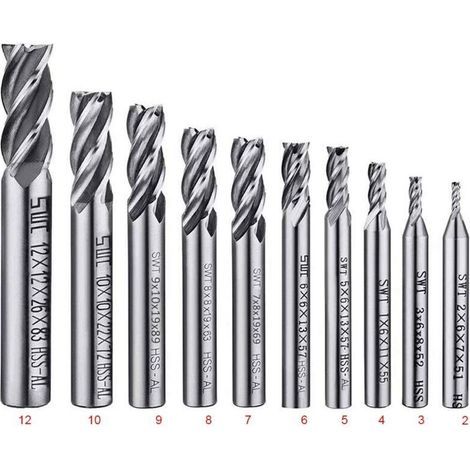 Lot de 10 forets à 4 cannelures - de 2 à 12 mm Fraise en Bout- Ensemble de forets à tige droite HSS CNC pour perceuse - Ensemble d'outils pour bois, aluminium, acier et titane