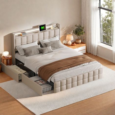 Polsterbett mit USB-Ladefunktion, Doppelbett 140x200cm, mit LED-Beleuchtung und 4 Schubladen, Bettkasten, Holzlattenrost, Leinenoptik, Beige (1/5)