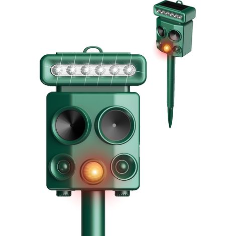 Repelente ultrasónico solar para animales, 18 kHz, activado por movimiento, resistente al agua, con luz intermitente, para jardín, césped, granja, ardillas, mapaches, ciervos, ratones y pájaros.