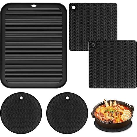 Dessous de Plat Silicone 30 X 23 cm Antidérapant Tapis D'égouttage Plat de Table Silicone Résistant à la Chaleur Jusqu'à 230 °C Peut être Suspendu Couleur Noire (1/5)