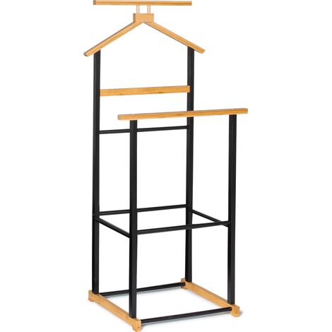 Idmarket – Valet de chambre TOM en bambou et métal – Design industriel – Hauteur 110 cm – Cintre et support chaussures inclus