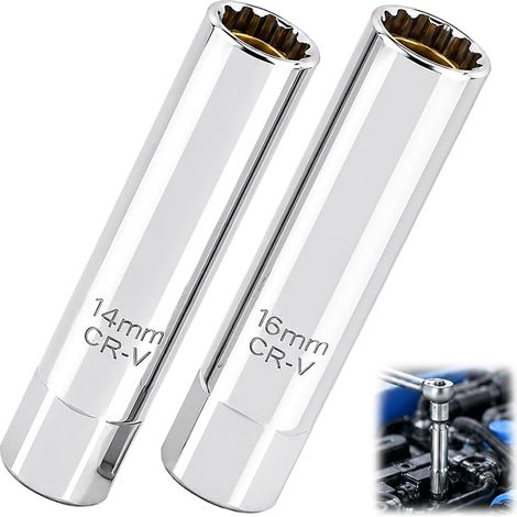 2 Pieces 14mm/16mm Spark Plug Wrench, Magnetic Spark Plug Sockets, 14mm Spark Plug Socket 3/8 Inch, Chrome Vanadium Steel Thin Wall Spark Plug Socket (1/5)