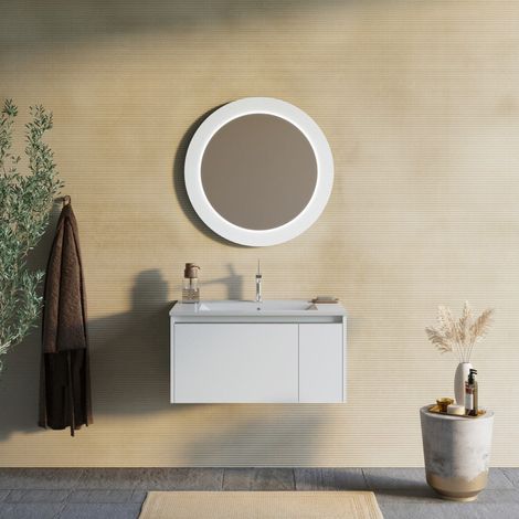 Wandhängendes Badmöbel, 80Cm, Weiss, Matt, Mit Rundem Led-Spiegel  Monaco