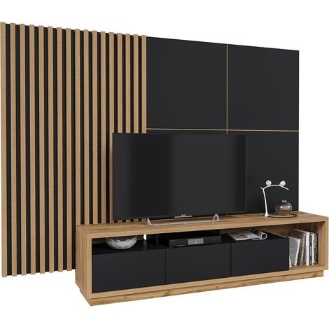 Mobile TV XL con pannello murale decorativo XL collezione CLARA. Colore quercia e nero opaco.