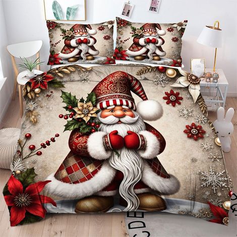 Housse de Couettes 140x200 cm GNOME de NoëL, Microfibre Convient 3D Parure de Lit pour Garçon Fille Cadeaux, Ensemble de Literie avec Fermeture Éclair et Taie d'oreiller - 140x200 cm (1/5)