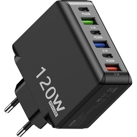 Chargeur rapide multi-port 120W plusieurs coloris, 3USB + 3PD prise européenne pour smartphone (1/5)