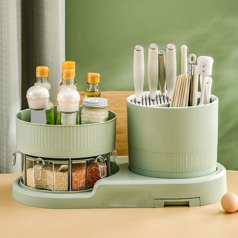 Porte-ustensiles de cuisine multifonctionnel rotatif, porte-couteaux, porte-baguettes avec égouttoir, organisateur d'épices vert (1/5)