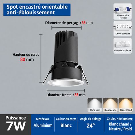 Spot encastrable COB orientable 30° 7W coupelle blanche Ø65 mm perçage 55 mm lumière blanche 7w 65 55mm réf 141 g – Livraison gratuite