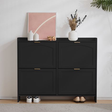 Scarpiera con 4 scomparti a ribalta, Mobile portascarpe per ingresso e corridoio, Scaffale salvaspazio con ripiano aperto, Design moderno in legno, Nero (1/5)