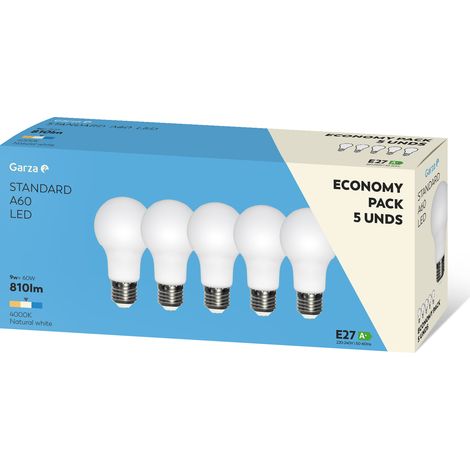 Bombilla Led estándar Garza E27 9W, luz neutra de 4000K, 810 lúmenes y ángulo de 240° no regulable - 5 únidades en caja