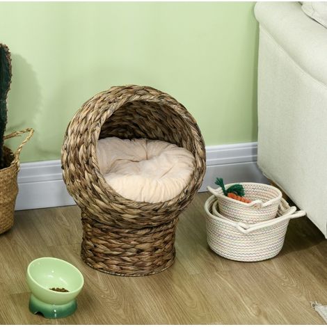 Panier pour chat en rotin avec support et coussin 40 x 37 x 51 cm marron (1/5)