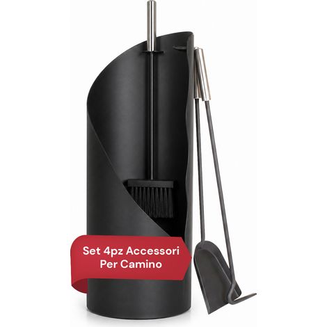 Set 4 Accessori Per Camino In Ferro: Paletta, Scopino, Attizzatoio E Supporto – Resistente Al Calore E Con Ganci Interni