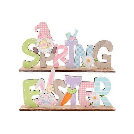 Lot de 2 décorations de Pâques en bois imprimé, style lettre, pour une ambiance festive. (1/2)