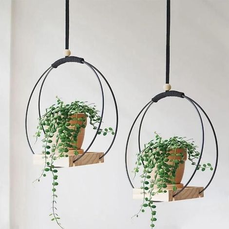 Support de Pot de fleur suspendu 2 pièces, panier suspendu en bois pour plantes décoratives de balcon (rond noir) (1/4)