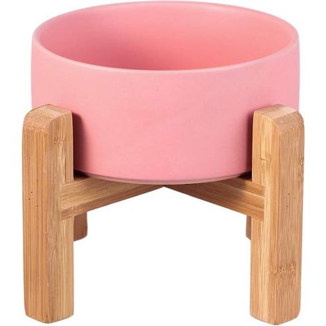 Arenero de cerámica elevado con soporte de madera: alimentación y bebida saludables y cómodas para gatos y perros pequeños (1/5)