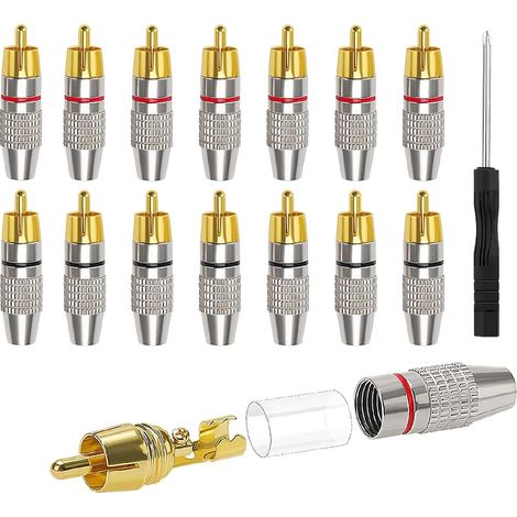 Lot de 14 connecteurs RCA sans soudure plaqués or 7 rouges + 7 noirs avec tournevis pour audio, vidéo, vidéosurveillance et caméras de surveillance (1/5)